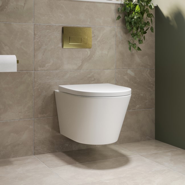 Wall Hung Toilet with Soft Close Seat Brushed Brass Pneumatic Flush Plate 820mm Frame & Cistern - Newport