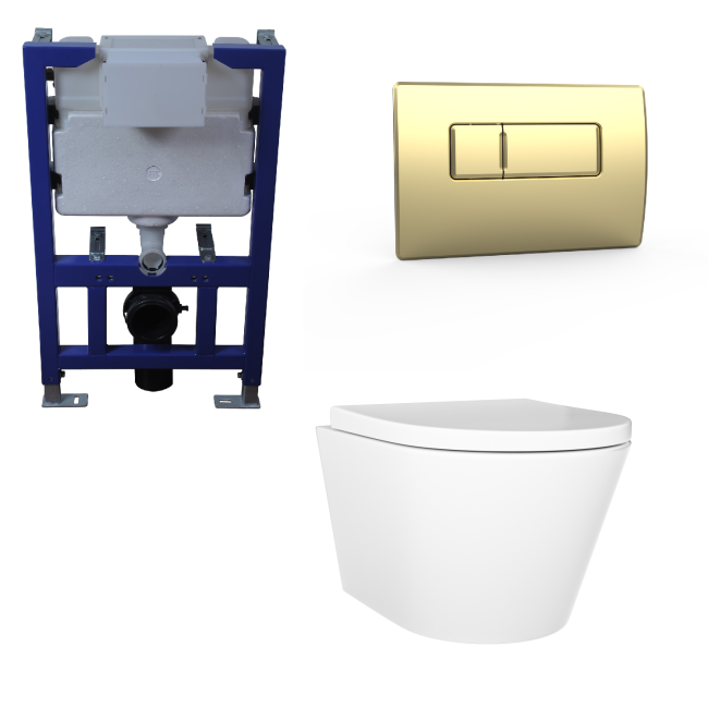 Wall Hung Toilet with Soft Close Seat Brushed Brass Pneumatic Flush Plate 820mm Frame & Cistern - Newport