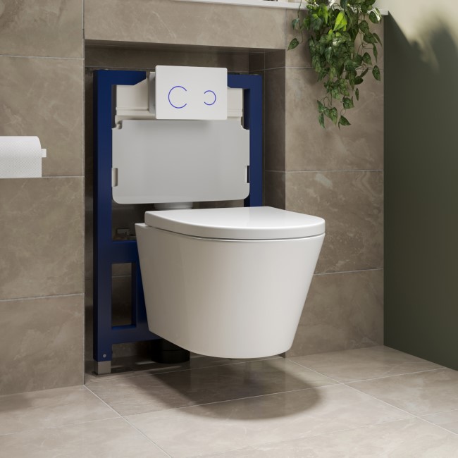 Wall Hung Toilet with Soft Close Seat White Glass Sensor Pneumatic Flush Plate 820mm Frame & Cistern - Newport