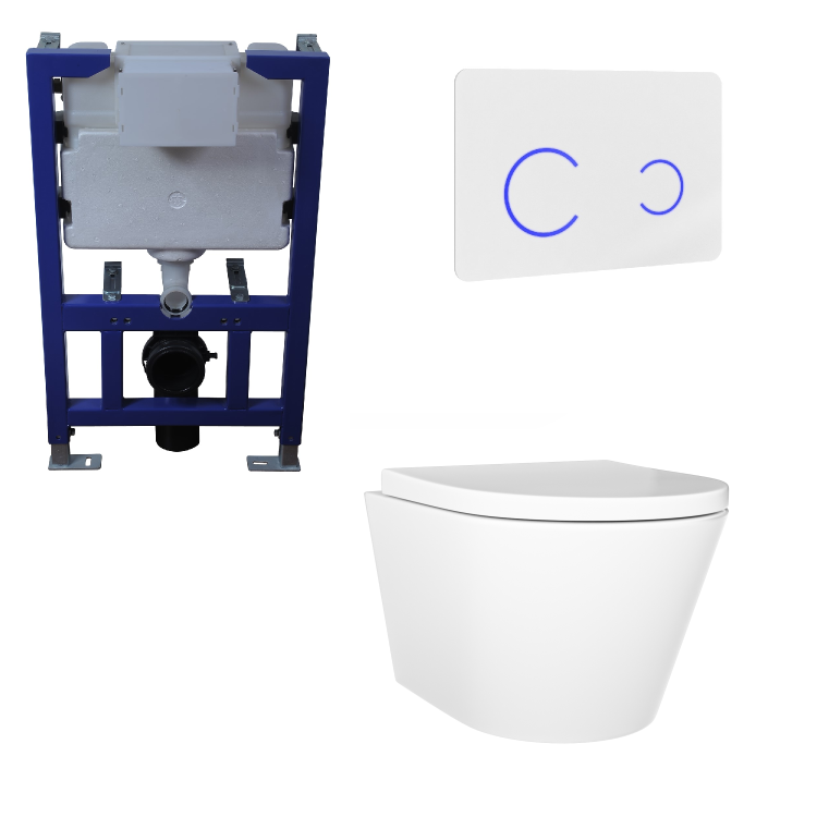 Wall Hung Toilet with Soft Close Seat White Glass Sensor Pneumatic Flush Plate 820mm Frame & Cistern - Newport