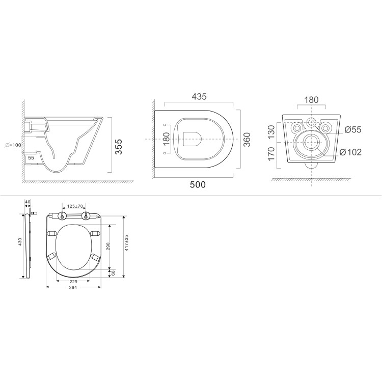 Wall Hung Toilet with Soft Close Seat White Glass Sensor Pneumatic Flush Plate 820mm Frame & Cistern - Newport