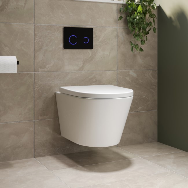 Wall Hung Toilet with Soft Close Seat Black Glass Sensor Pneumatic Flush Plate 820mm Frame & Cistern - Newport