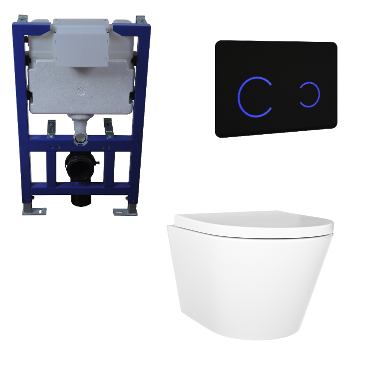 Wall Hung Toilet with Soft Close Seat Black Glass Sensor Pneumatic Flush Plate 820mm Frame & Cistern - Newport