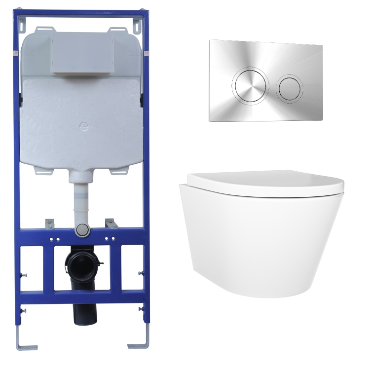 Wall Hung Toilet with Soft Close Seat Chrome Mechanical Flush Plate with 1160mm Frame & Cistern - Newport