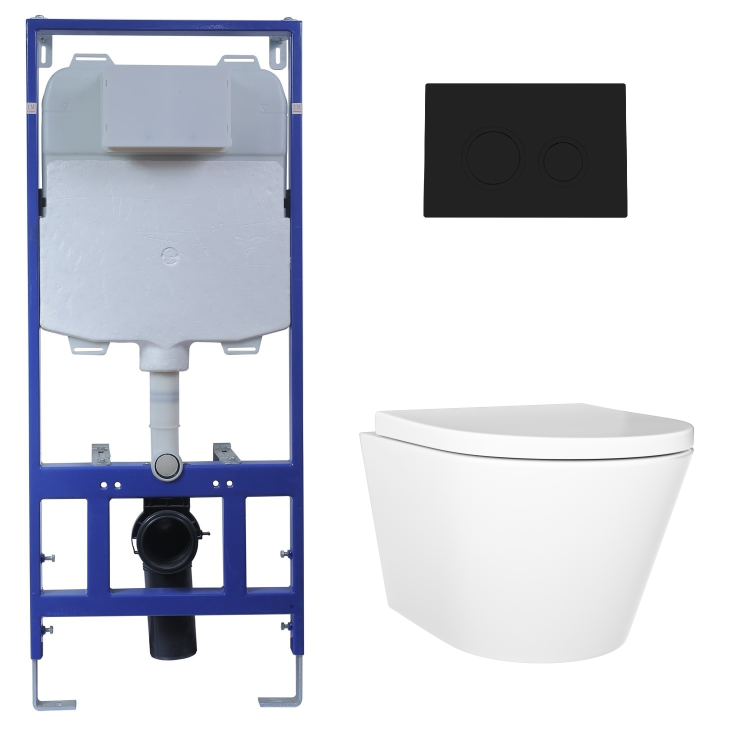 Wall Hung Toilet with Soft Close Seat Matt Black Mechanical Flush Plate with 1160mm Frame & Cistern - Newport