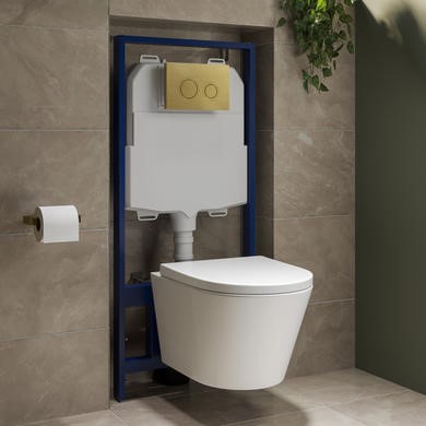 Wall Hung Toilet with Soft Close Seat Brushed Brass Mechanical Flush Plate with 1160mm Frame & Cistern - Newport