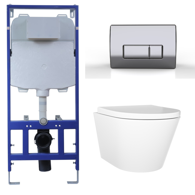 Wall Hung Toilet with Soft Close Seat Chrome Pneumatic Flush Plate 1170mm Frame & Cistern - Newport