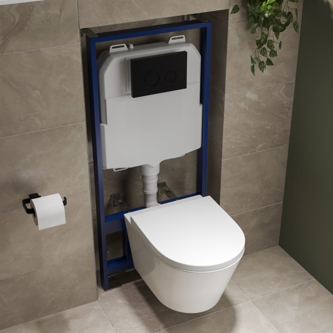 Wall Hung Toilet with Close Seat Matt Black Pneumatic Flush Plate 1170mm Frame & Cistern - Newport