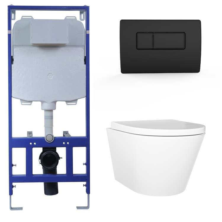 Wall Hung Toilet with Soft Close Seat Brushed Brass Pneumatic Flush Plate 1170mm Frame & Cistern - Newport