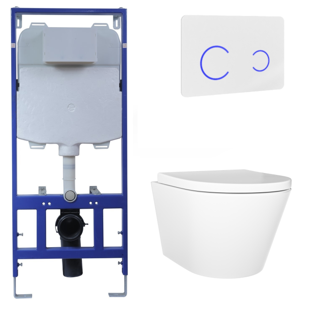 Wall Hung Toilet with Soft Close Seat White Glass Sensor Pneumatic Flush Plate 1170mm Frame & Cistern - Newport