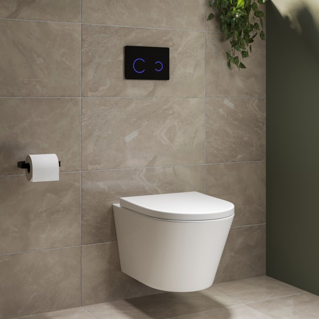 Wall Hung Toilet with Soft Close Seat Black Glass Sensor Pneumatic Flush Plate 1170mm Frame & Cistern - Newport