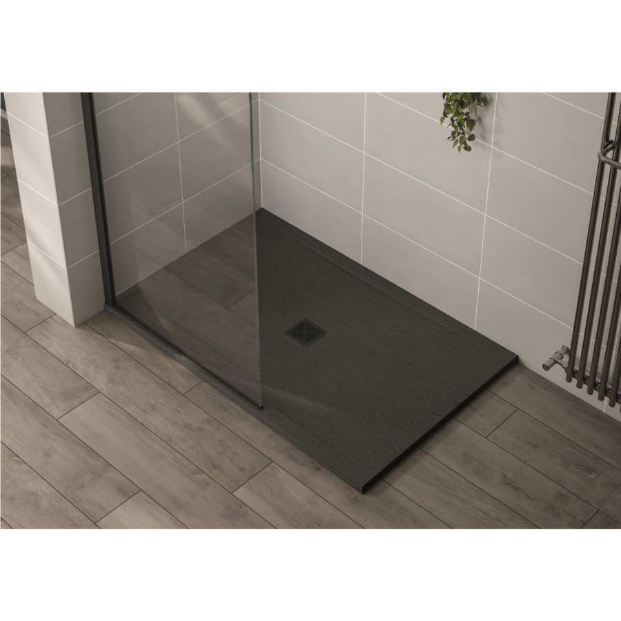 1000x800mm Black Slate Effect Rectangular Shower Tray with Shower Waste - Aqualavo
