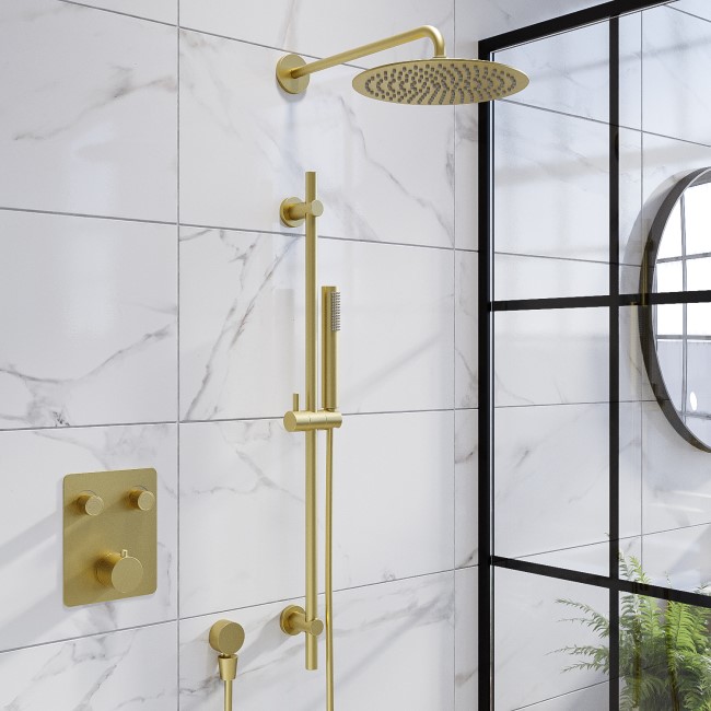 Brushed Brass Push Button Dual Outlet Wall Mounted Thermostatic Mixer Shower Set with Hand Shower - Vance