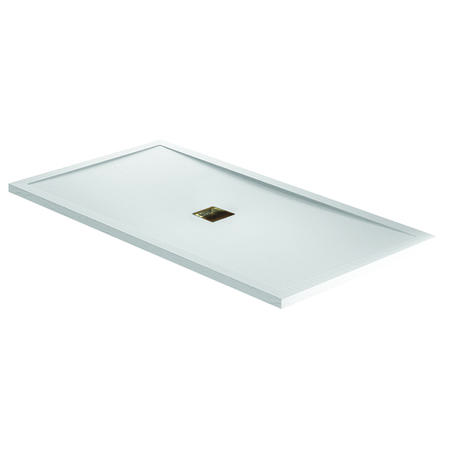 1000x800mm White Slate Effect Rectangular Shower Tray with Brushed Brass Waste - Aqualavo