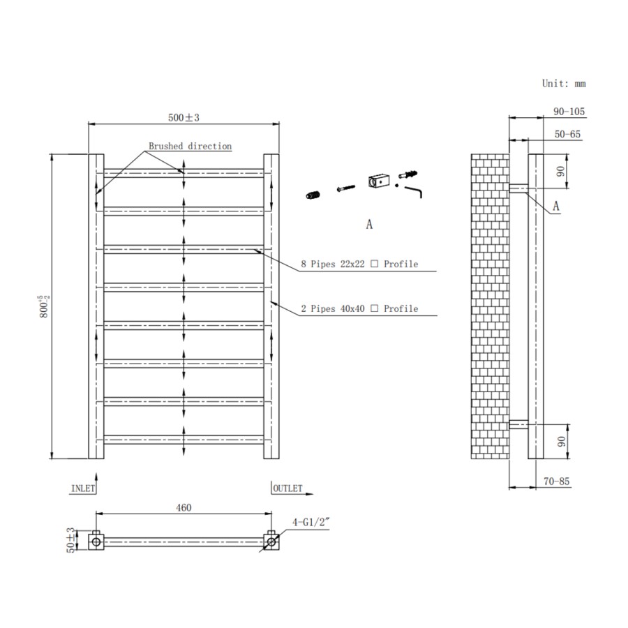 Brass Towel Radiator 800 x 500mm with Pipe kit and Straight Valves – Sonoran