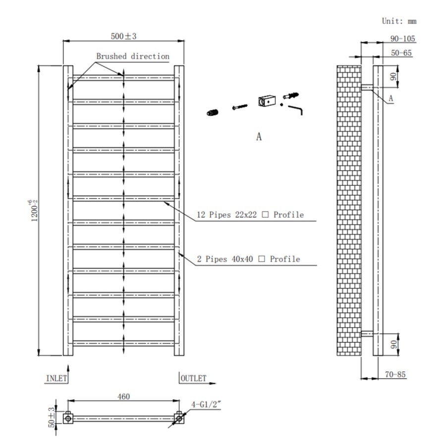 Brass Towel Radiator 1200 x 500mm with Pipe Kit and Straight Valves - Sonoran