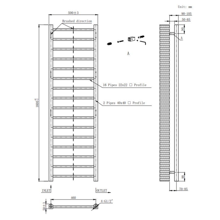 Brass Towel Radiator 1600 x 500mm with Pipe Kit and Straight Valves - Sonoran
