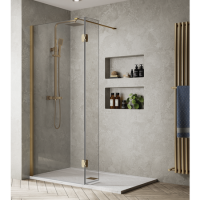 1400x900mm Brushed Brass Frameless Wet Room Shower Screen with Return Panel and Shower Tray - Corvus