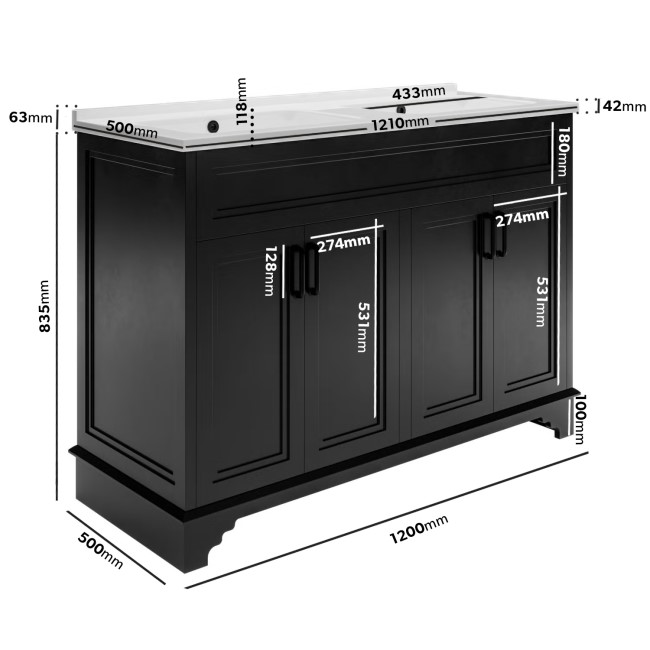 1200mm Black Freestanding Double Vanity Unit With Basins  - Camden 