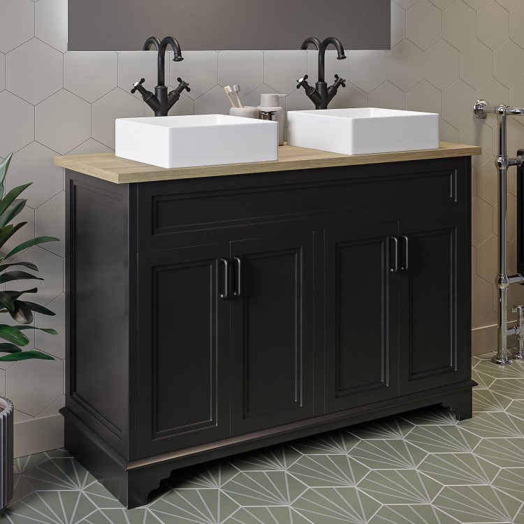 1200mm Black Freestanding Countertop Double Vanity Unit with White Square Basins - Camden