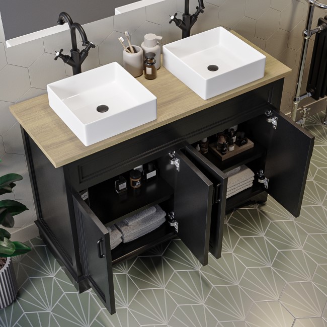 1200mm Black Freestanding Countertop Double Vanity Unit with White Square Basins - Camden