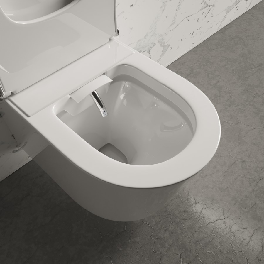 Wall Hung Smart Bidet Japanese Toilet with White Glass Cabinet, Frame, Cistern & Pneumatic Dual Flush Button - Purificare