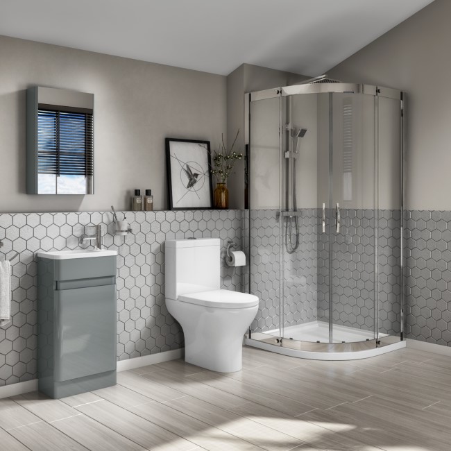 AquaFloe Iris 900 x 900 Shower Cubicle with Portland Close Coupled & 410 Floorstanding Medium Grey Vanity Unit