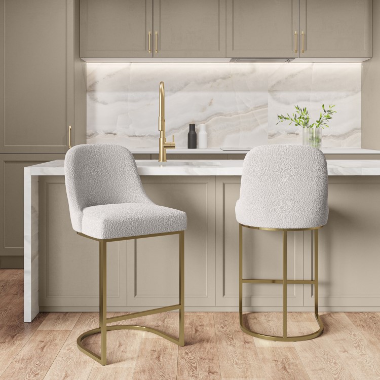 Set of 2 Beige Boucle Kitchen Stools with Gold Legs - Callie