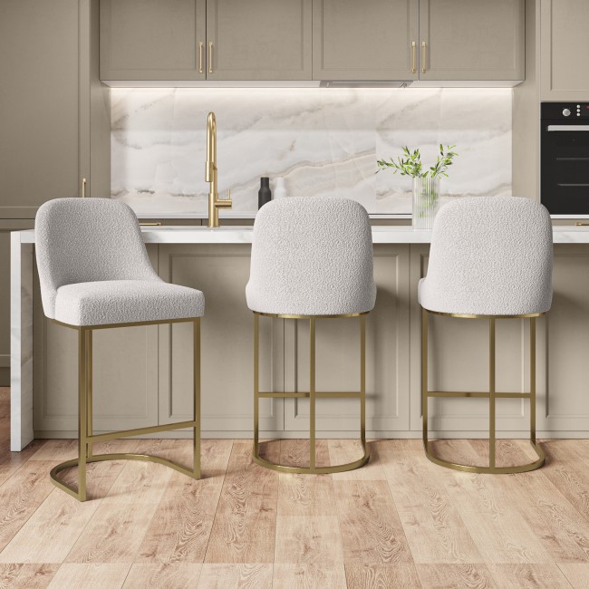 Set of 3 Beige Boucle Kitchen Stools with Brass Legs - Callie