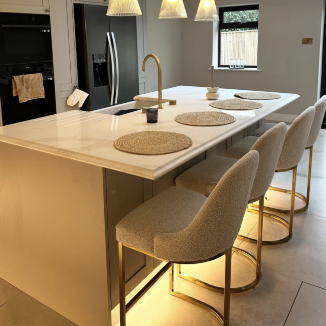 Set of 3 Beige Boucle Kitchen Stools with Brass Legs - Callie