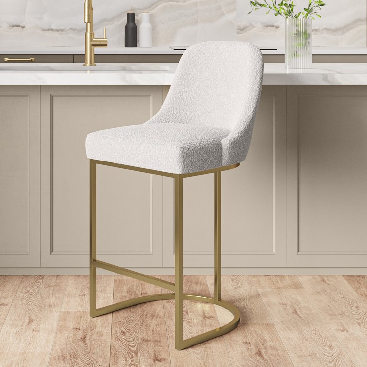 Set of 4 Beige Boucle Kitchen Stools with Gold Legs - Callie