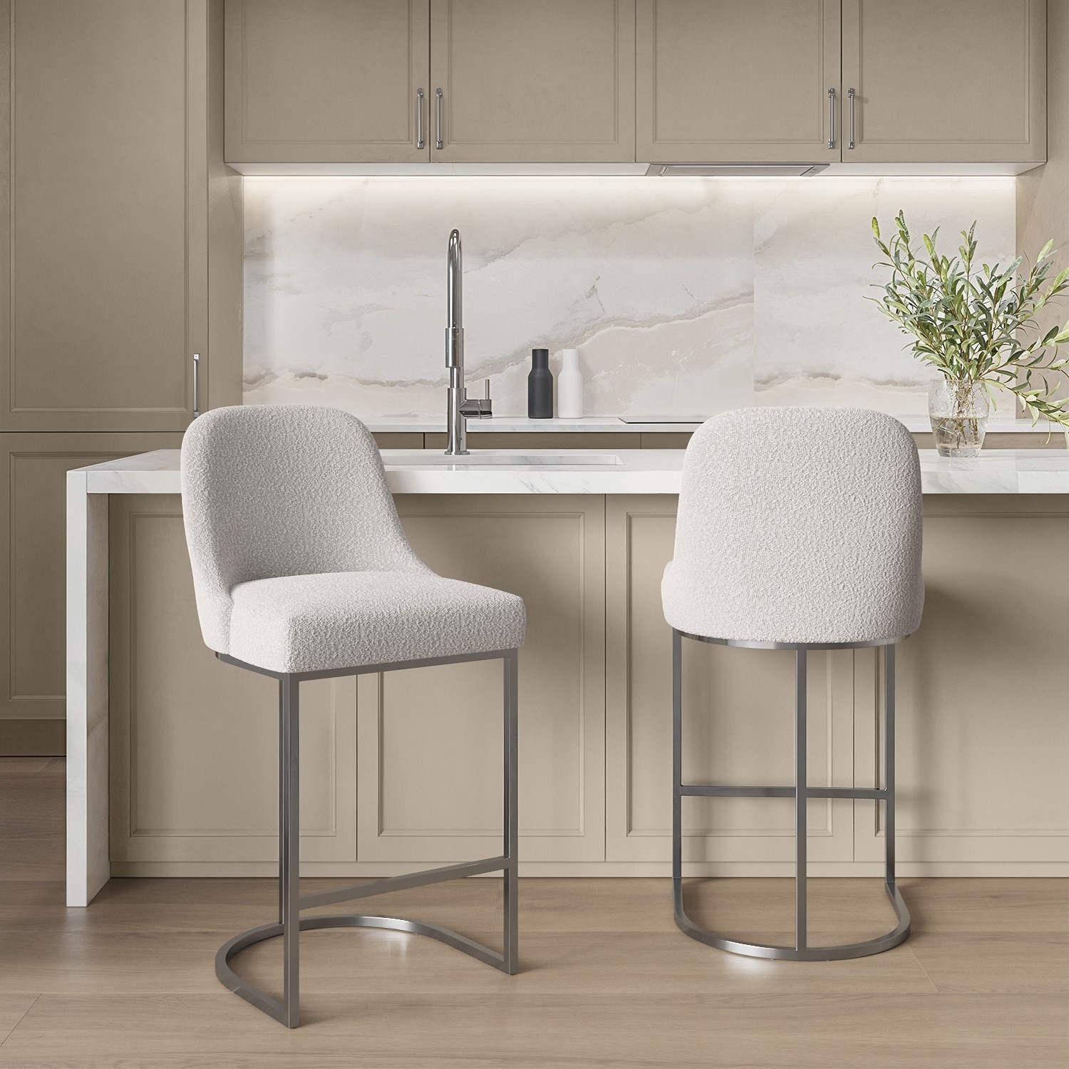 Callie Beige Set Of 2 Boucle And Chrome Kitchen Stools