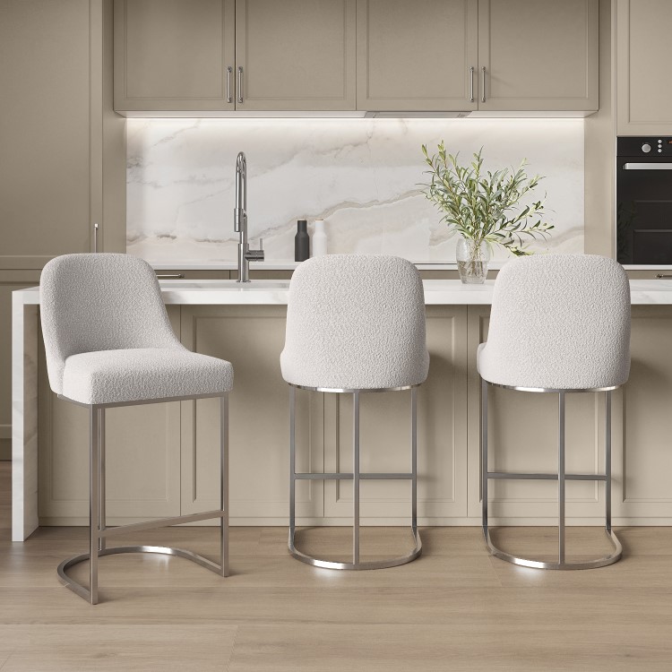 Set of 3 Beige Boucle and Chrome Kitchen Stools - Callie