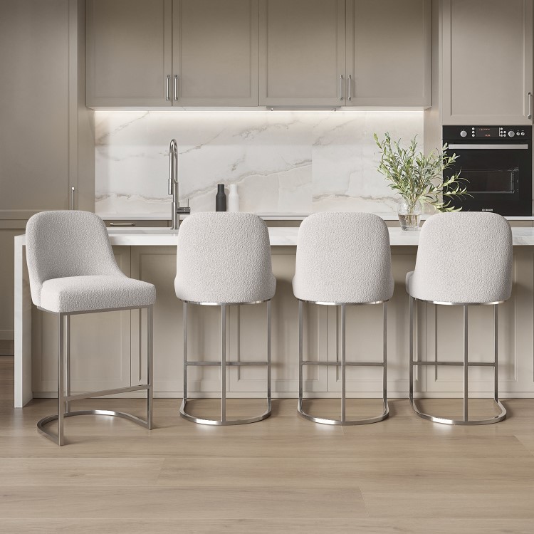 Set of 4 Beige Boucle and Chrome Kitchen Stools - Callie