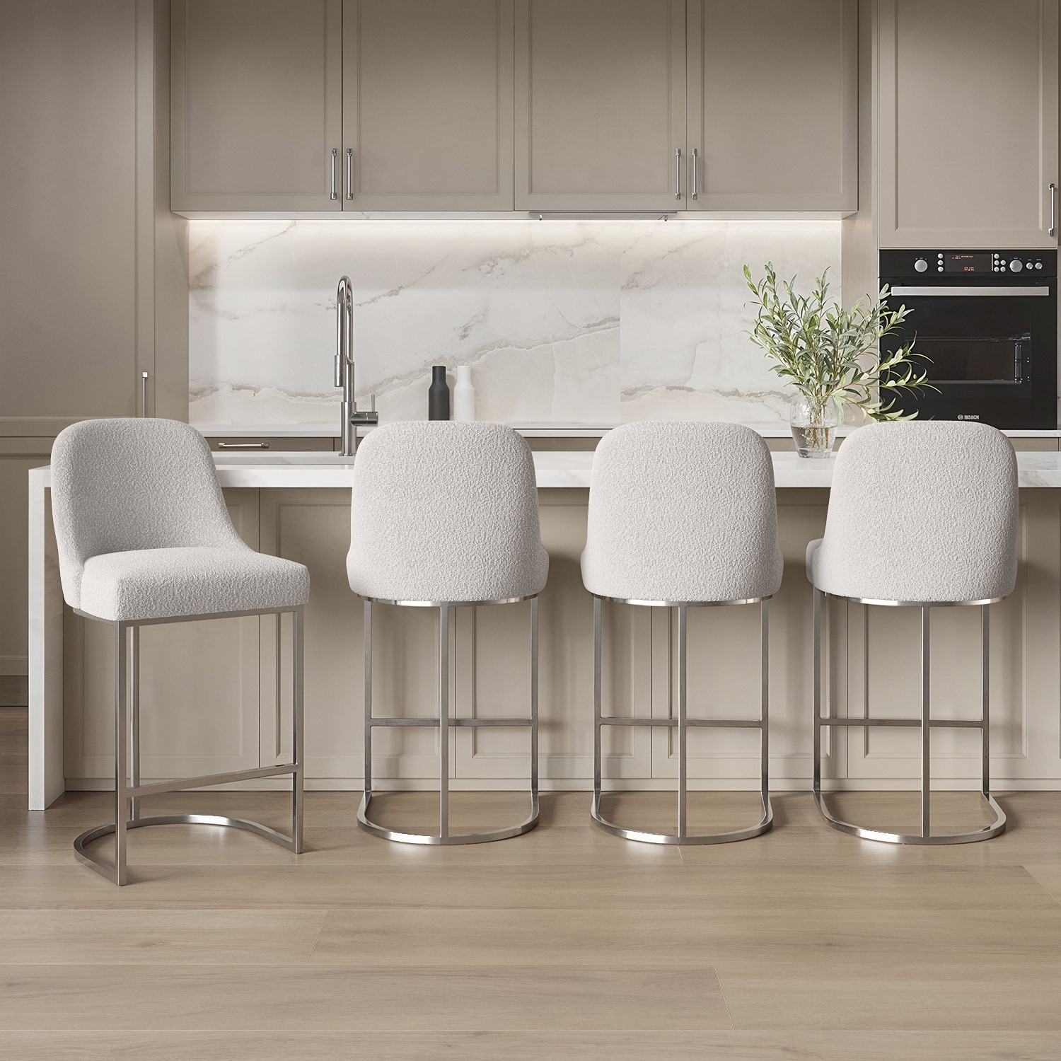 Callie Beige Set Of 4 Boucle And Chrome Kitchen Stools