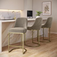 Set of 3 Mink Velvet Kitchen Stools with Gold Legs - Callie