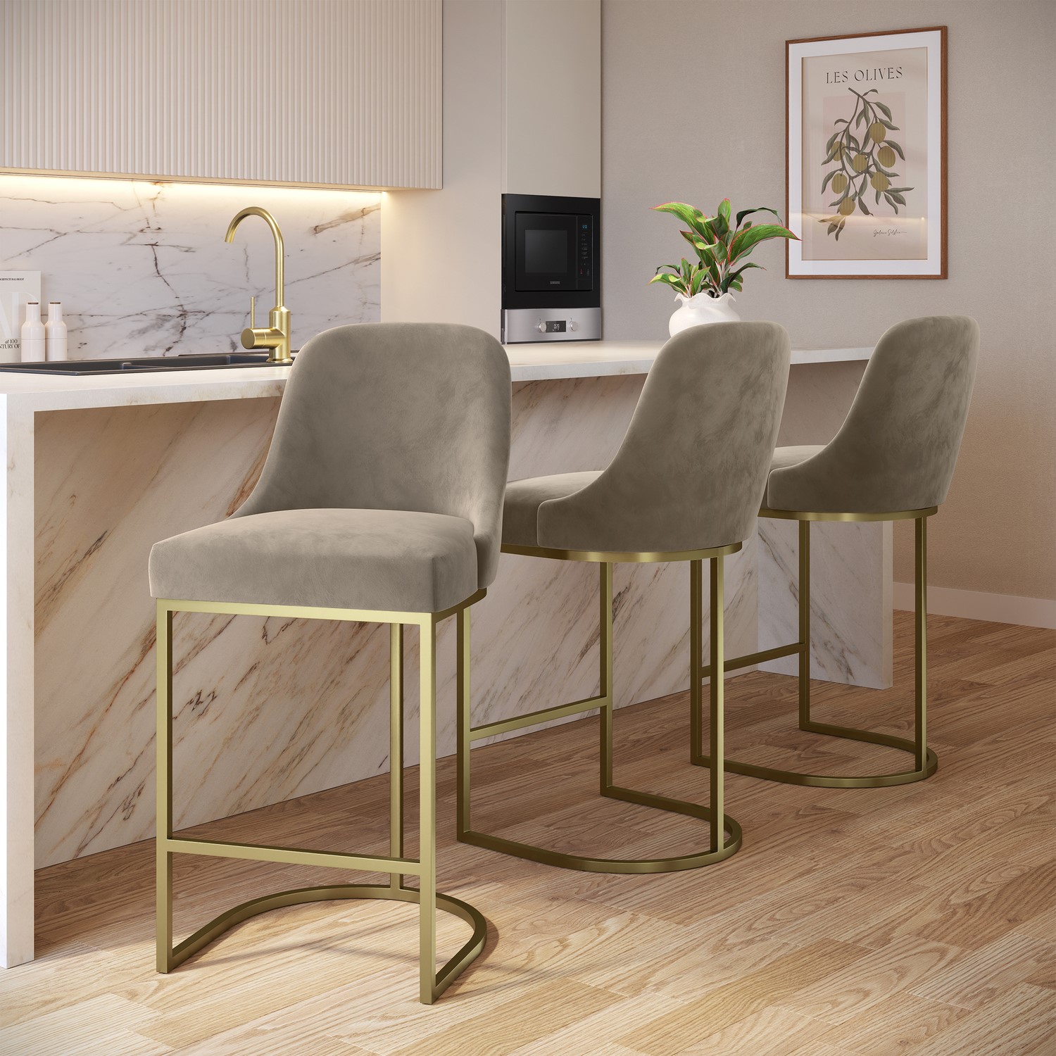 Set 3 Mink Velvet Kitchen Stools Legs