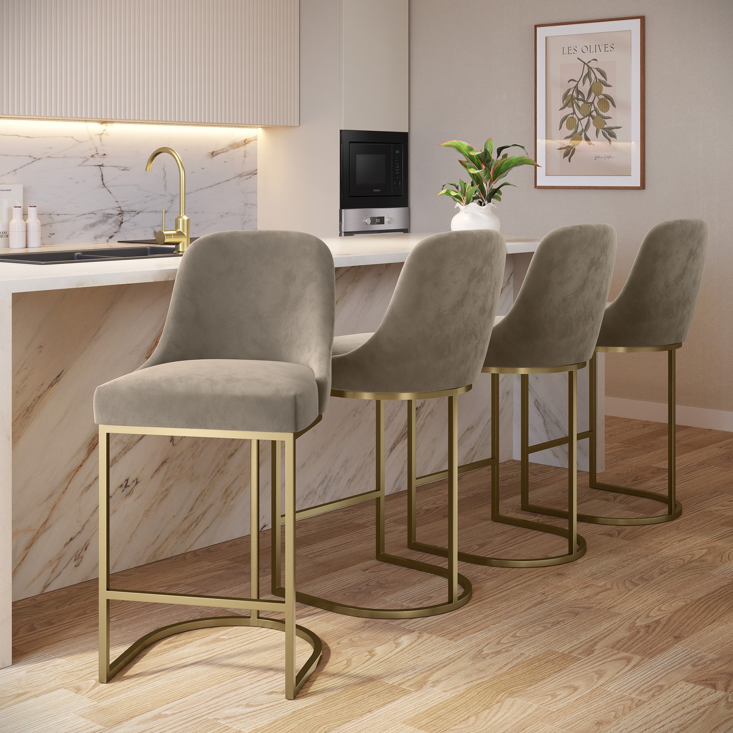Callie Mink Set Of 4 Velvet Kitchen Stools With Gold Legs