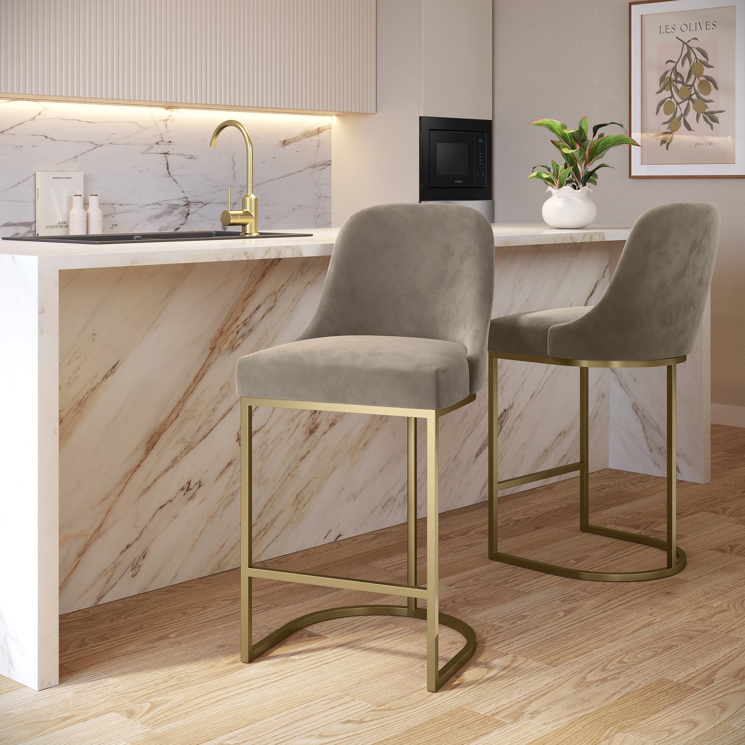 Callie Mink Set Of 2 Velvet Kitchen Stools With Gold Legs