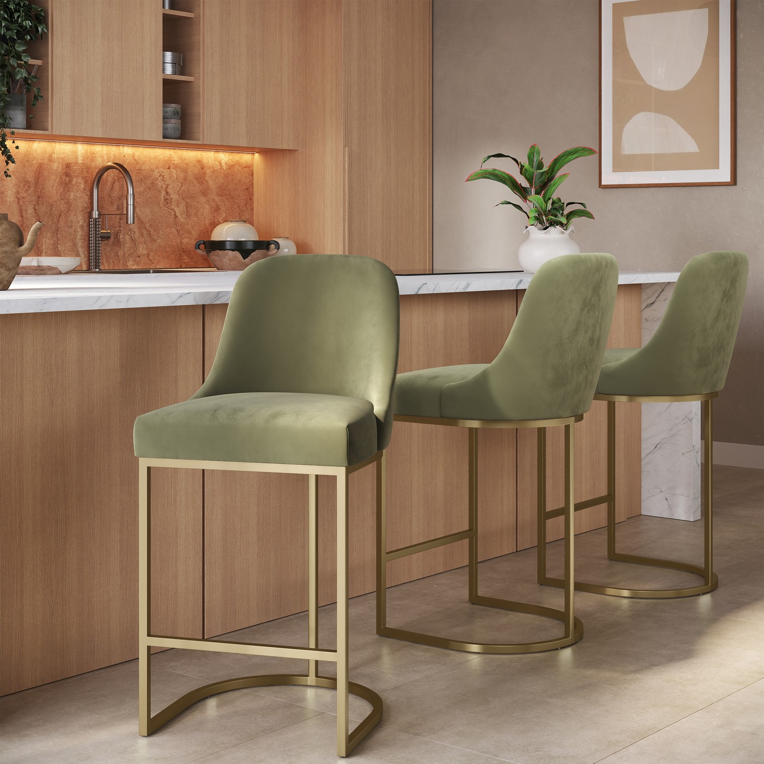 Set 3 Sage Green Velvet Kitchen Stools Gold Legs