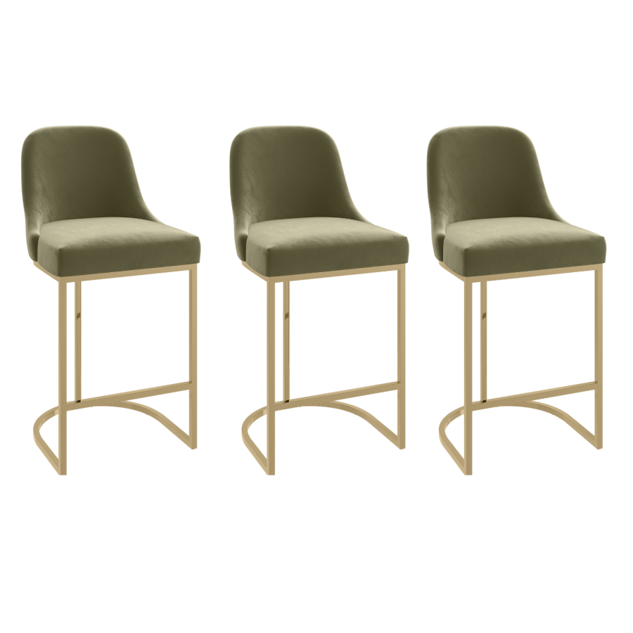 Set of 3 Sage Green Velvet Kitchen Stools with Gold Legs - Callie
