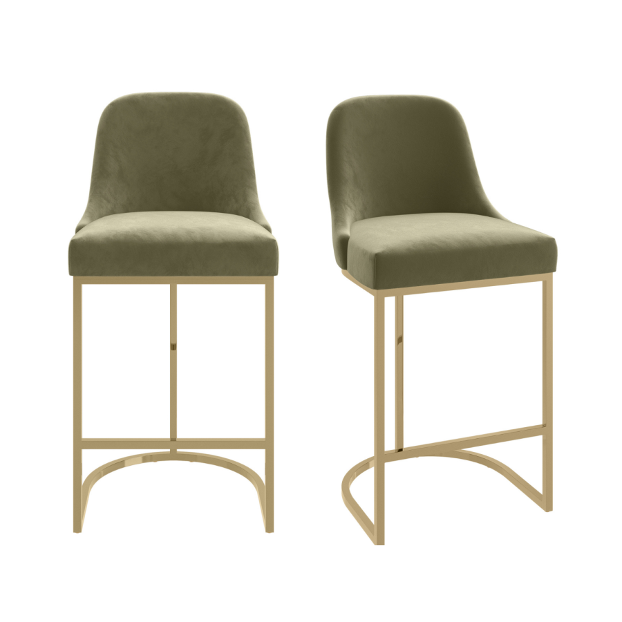 Set of 2 Sage Green Velvet Kitchen Stools with Gold Legs - Callie