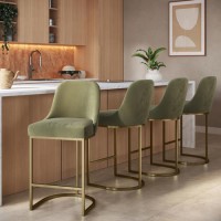 Set of 4 Sage Green Velvet Kitchen Stools with Gold Legs - Callie