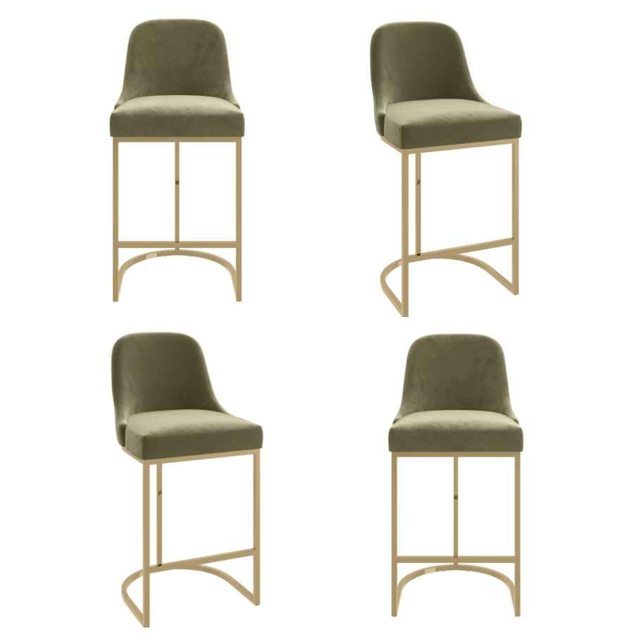 Set of 4 Sage Green Velvet Kitchen Stools with Gold Legs - Callie