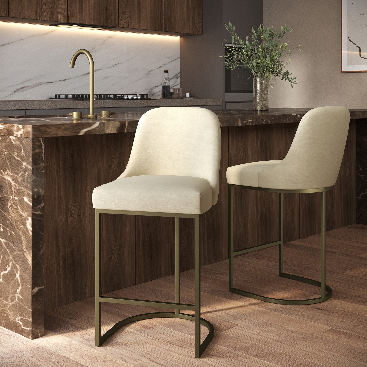 Callie Beige Set Of 2 Upholstered Kitchen Stools With Brass Legs