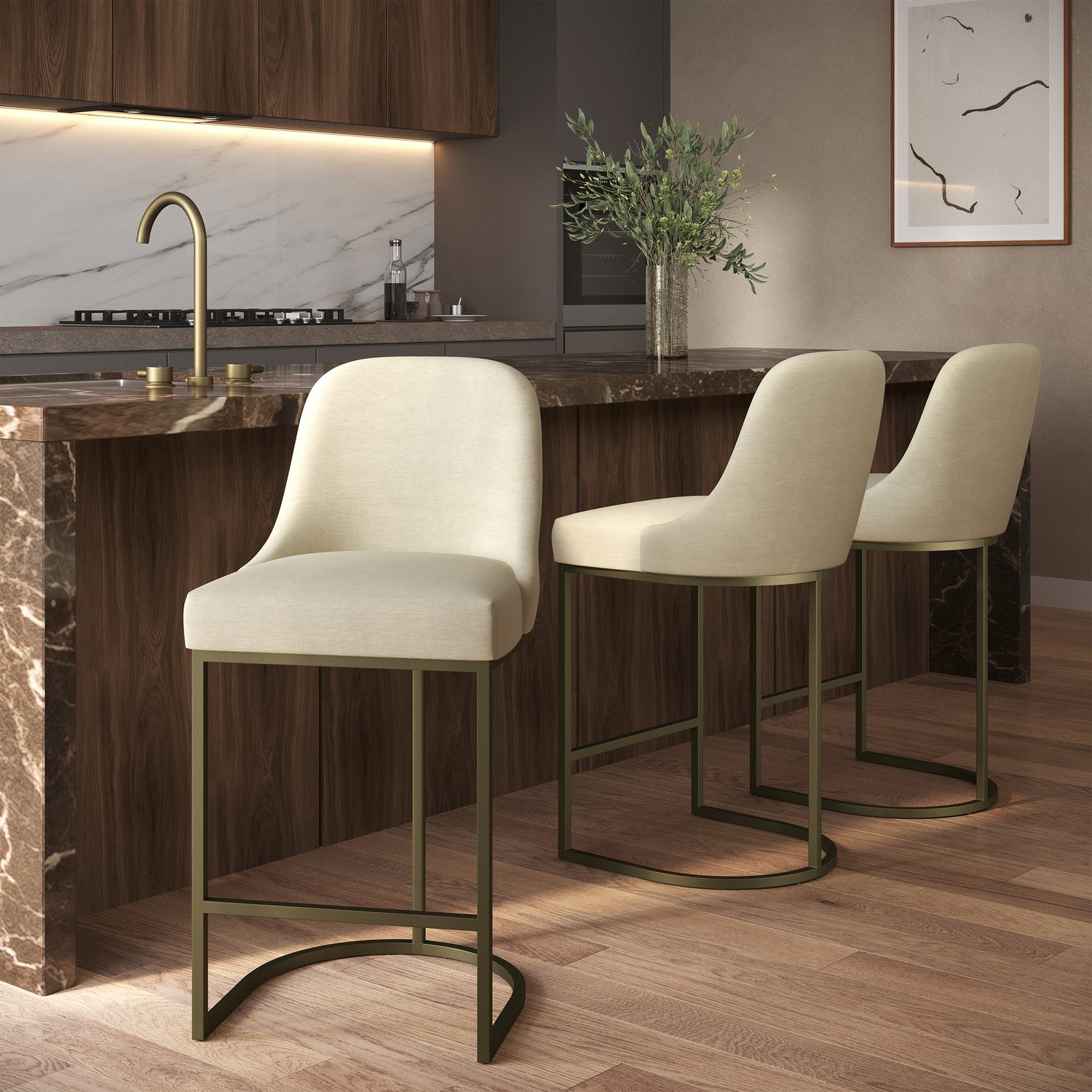Callie Beige Set Of 3 Upholstered Kitchen Stools With Brass Legs