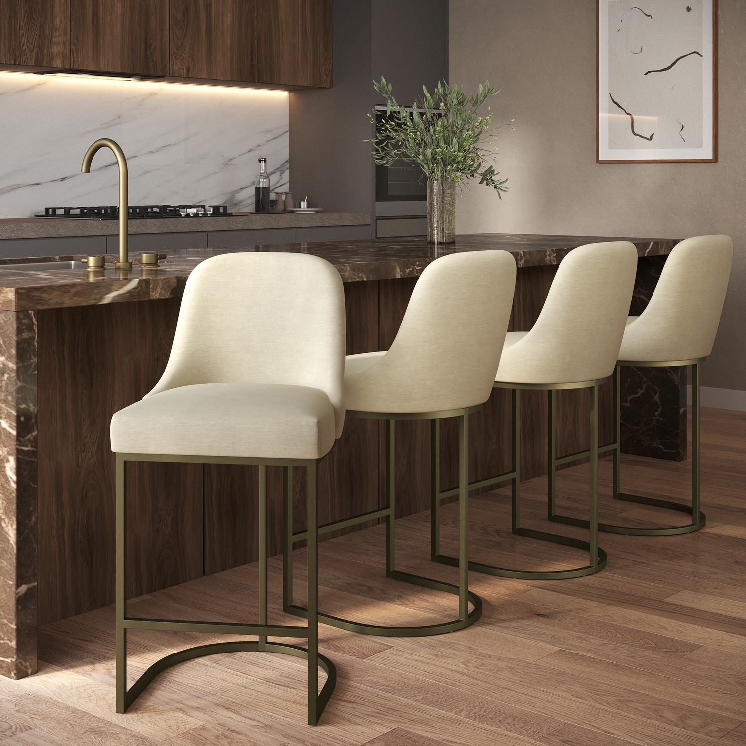 Callie Beige Set Of 4 Upholstered Kitchen Stools With Brass Legs