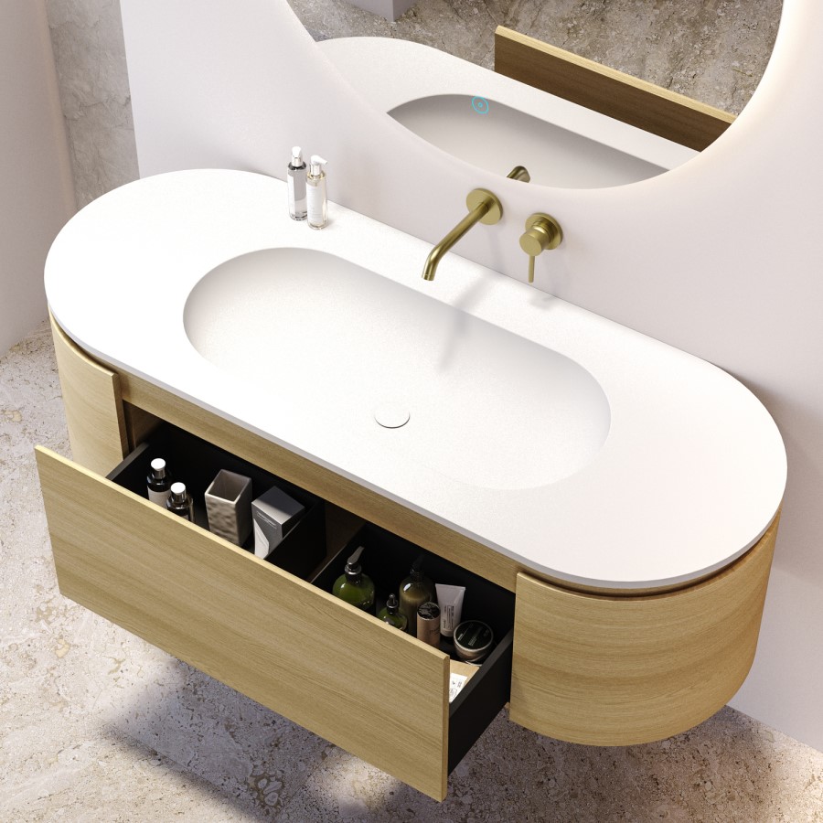 1400mm Oak Wood Effect Wall Hung Vanity Unit with Solid Surface Basin - Cali