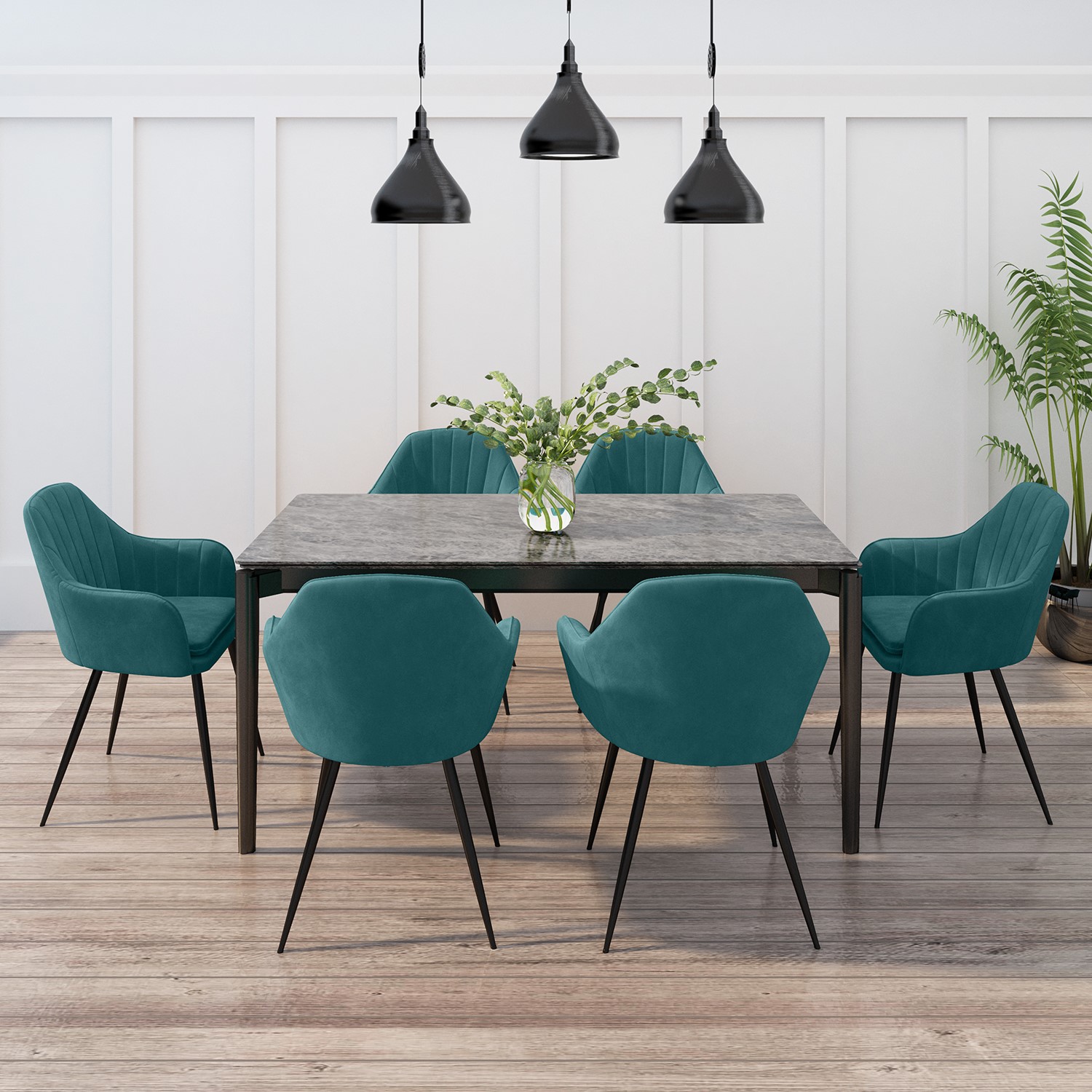 Grey Ceramic Extendable Dining Set With 6 Teal Velvet Dining Chairs Camilla Furniture123