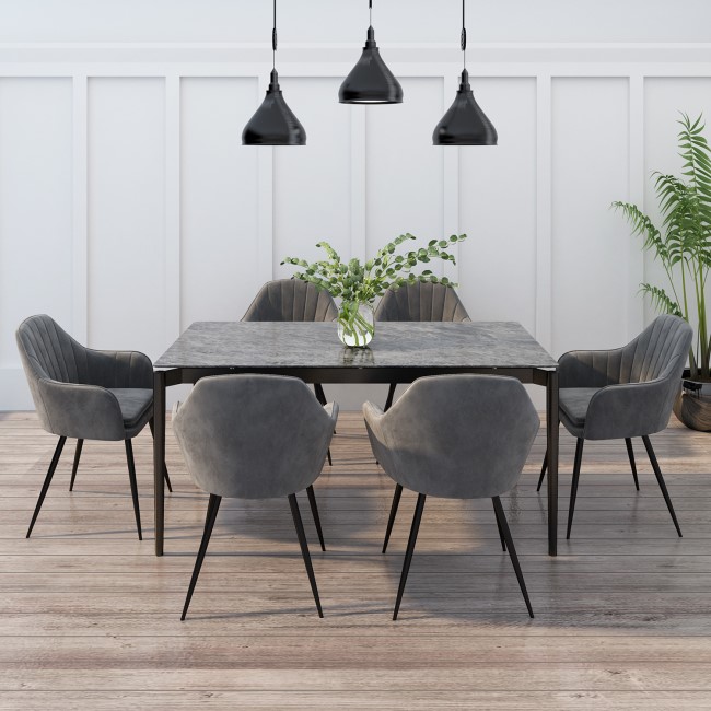 Grey Marble Extendable Dining Table with 6 Grey Velvet Dining Chairs Camilla Furniture123